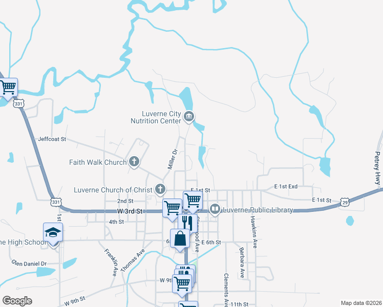 map of restaurants, bars, coffee shops, grocery stores, and more near 219 East Lagrande Avenue in Luverne