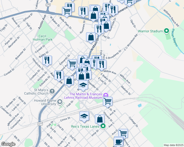 map of restaurants, bars, coffee shops, grocery stores, and more near 312 Center Avenue in Brownwood