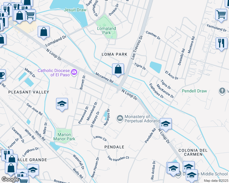 map of restaurants, bars, coffee shops, grocery stores, and more near 8424 Lee Trevino Drive in El Paso