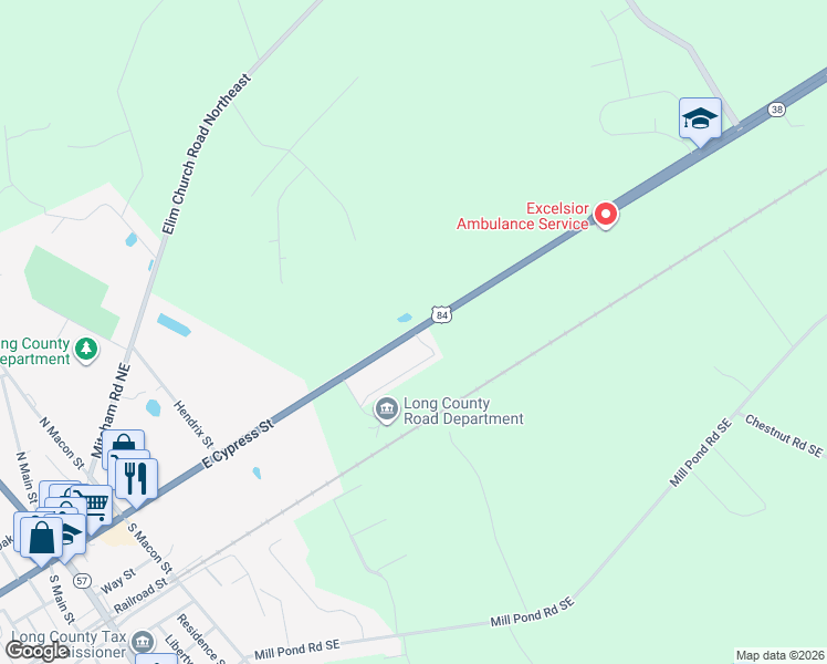 map of restaurants, bars, coffee shops, grocery stores, and more near U.S. 84 in Ludowici