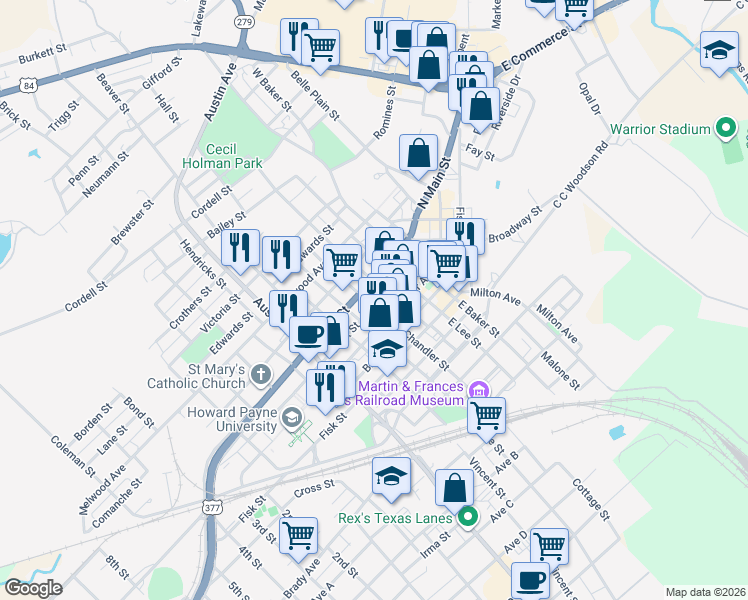 map of restaurants, bars, coffee shops, grocery stores, and more near 200 West Chandler Street in Brownwood