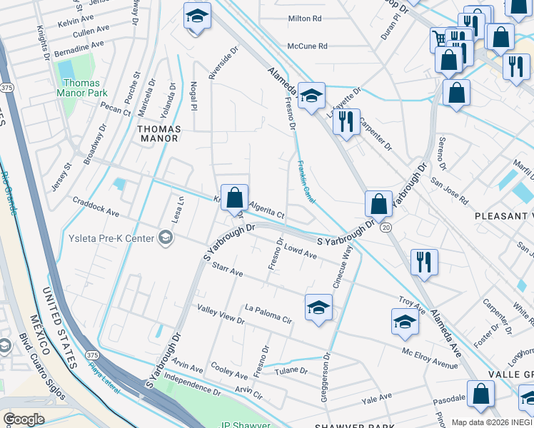 map of restaurants, bars, coffee shops, grocery stores, and more near 8052 Algerita Court in El Paso
