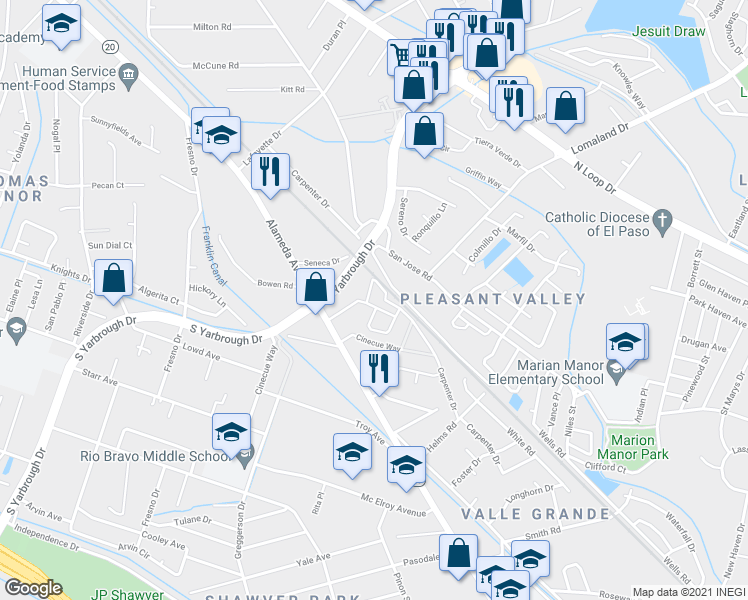 map of restaurants, bars, coffee shops, grocery stores, and more near 8155 Beatrix Avenue in El Paso