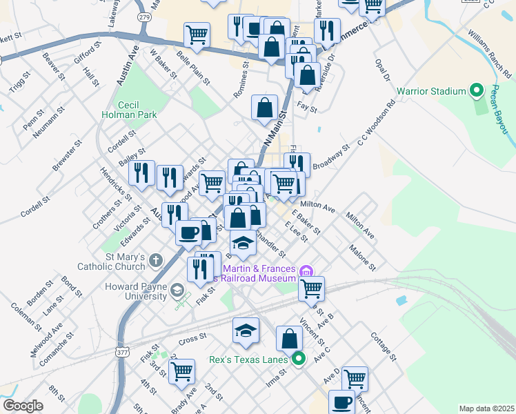 map of restaurants, bars, coffee shops, grocery stores, and more near 312 Center Ave in Brownwood