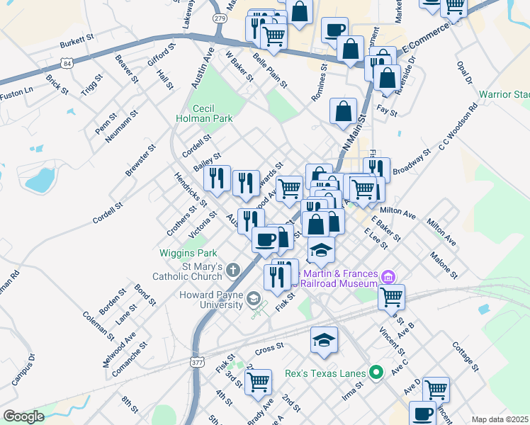 map of restaurants, bars, coffee shops, grocery stores, and more near 404 West Depot Street in Brownwood