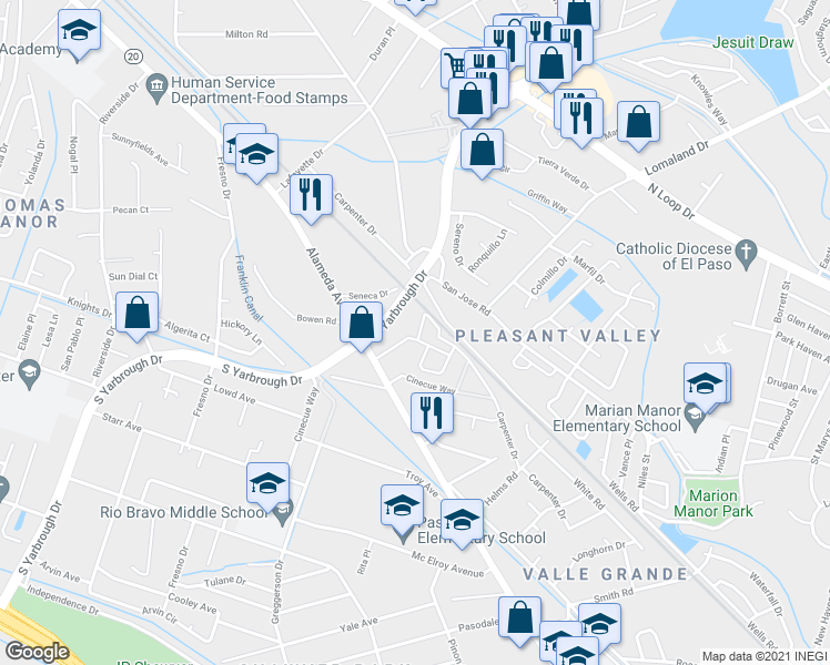 map of restaurants, bars, coffee shops, grocery stores, and more near 8155 Beatrix Avenue in El Paso