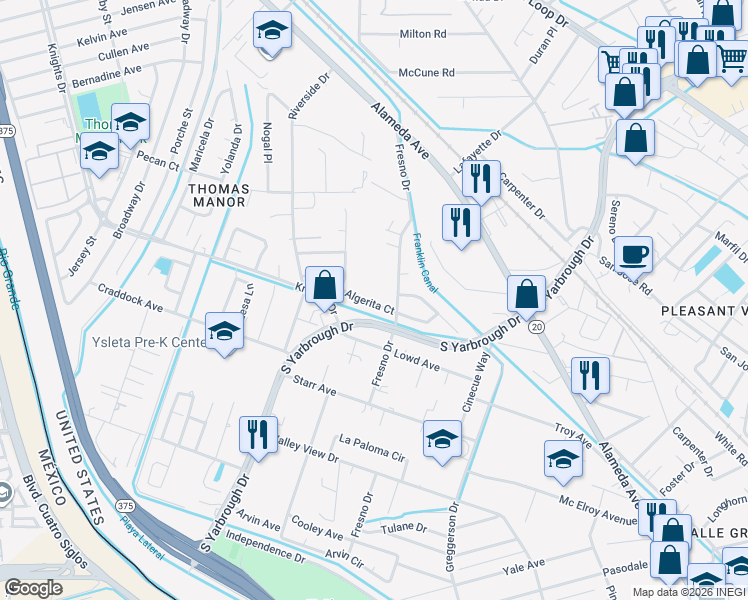 map of restaurants, bars, coffee shops, grocery stores, and more near 8052 Algerita Court in El Paso