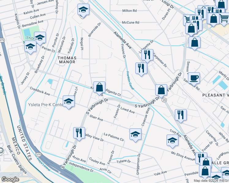 map of restaurants, bars, coffee shops, grocery stores, and more near 8052 Algerita Court in El Paso