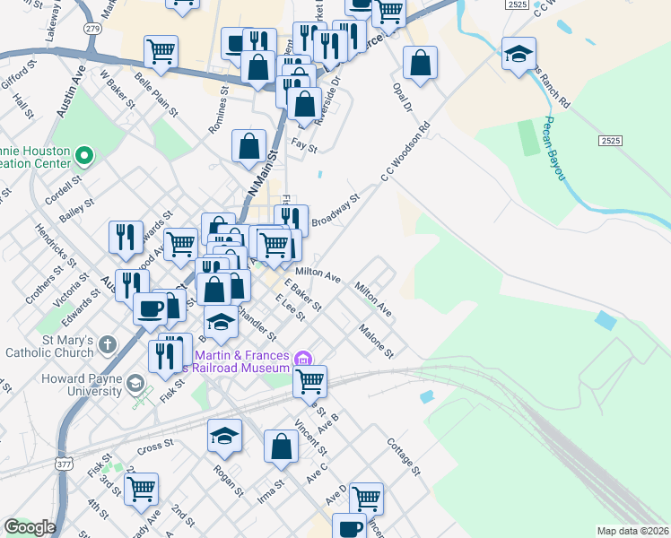 map of restaurants, bars, coffee shops, grocery stores, and more near 418 Milton Avenue in Brownwood