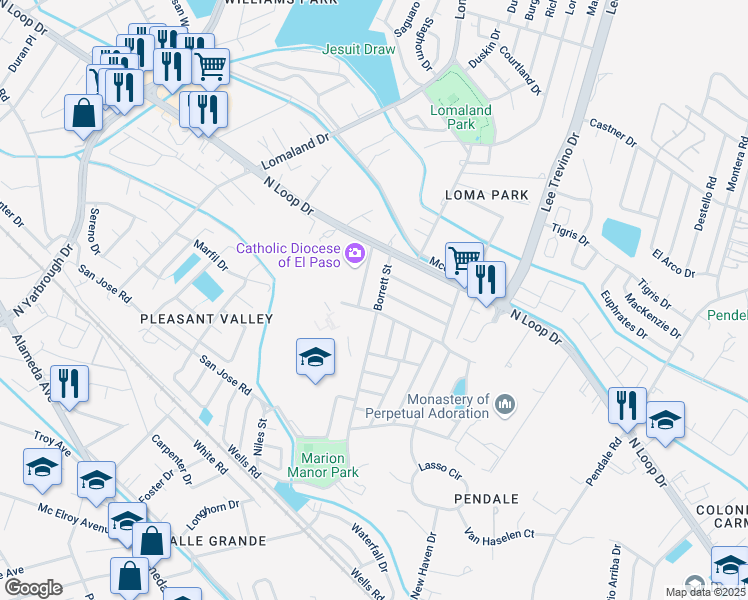 map of restaurants, bars, coffee shops, grocery stores, and more near 477 Borrett Street in El Paso