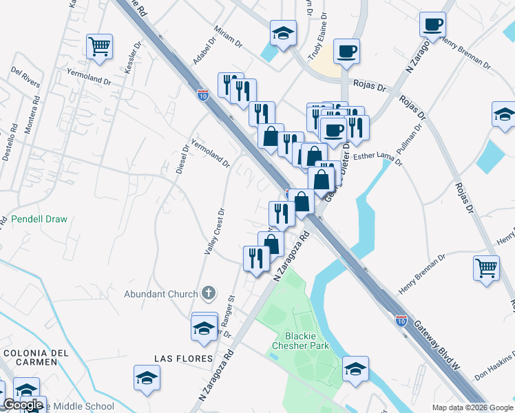 map of restaurants, bars, coffee shops, grocery stores, and more near 1259 Tower Trail Lane in El Paso