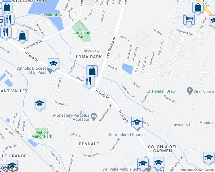map of restaurants, bars, coffee shops, grocery stores, and more near 610 Lee Trevino Drive in El Paso