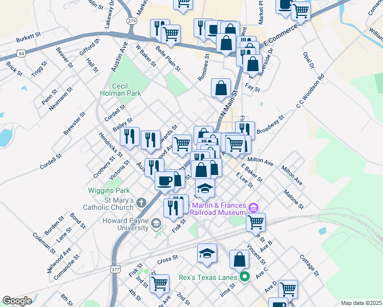 map of restaurants, bars, coffee shops, grocery stores, and more near 200 West Chandler Street in Brownwood