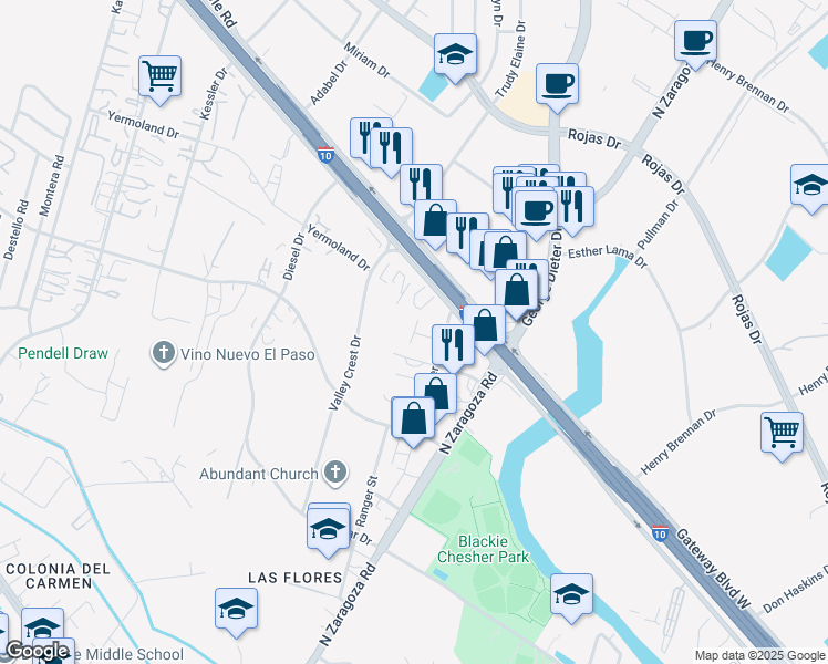 map of restaurants, bars, coffee shops, grocery stores, and more near 1259 Tower Trail Lane in El Paso
