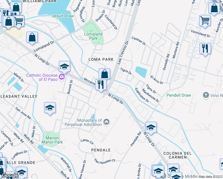 map of restaurants, bars, coffee shops, grocery stores, and more near 610 Lee Trevino Drive in El Paso