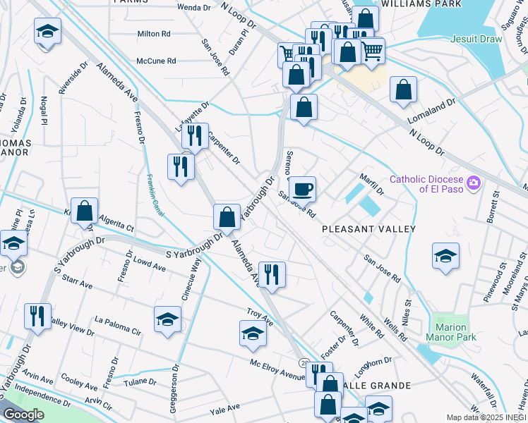 map of restaurants, bars, coffee shops, grocery stores, and more near 227 Galvan Place in El Paso