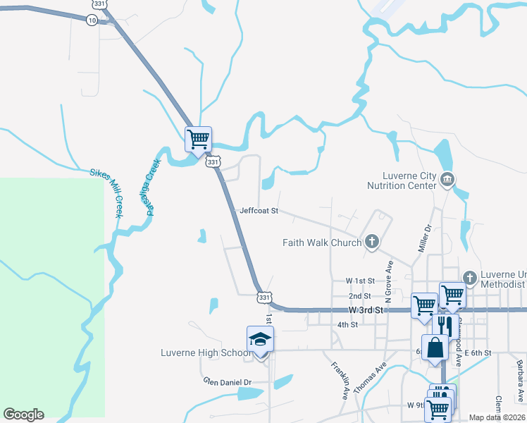 map of restaurants, bars, coffee shops, grocery stores, and more near 514 Jeffcoat Street in Luverne