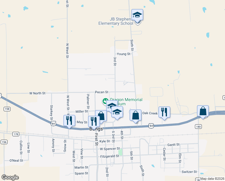 map of restaurants, bars, coffee shops, grocery stores, and more near 904 North 3rd Street in Bangs