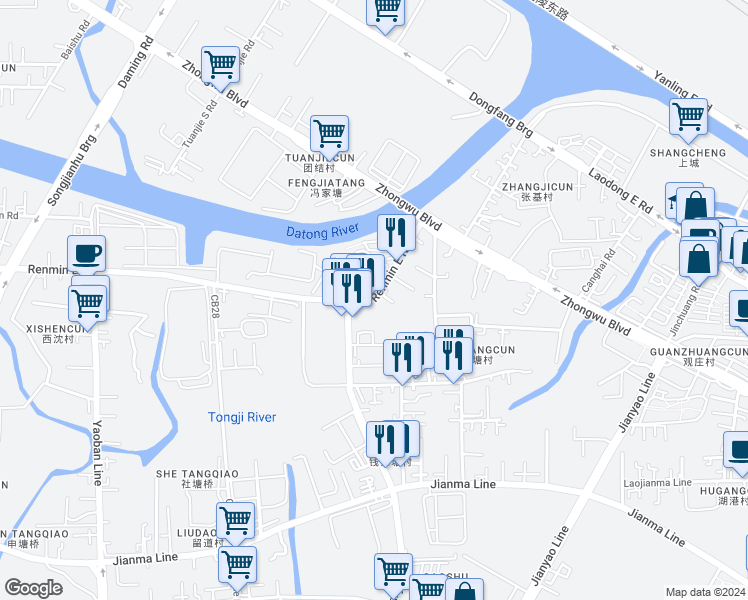 map of restaurants, bars, coffee shops, grocery stores, and more near Ren Min Dong Lu in Wu Xi Shi