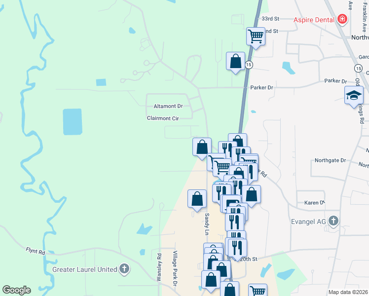 map of restaurants, bars, coffee shops, grocery stores, and more near 2600 Old Amy Road in Laurel