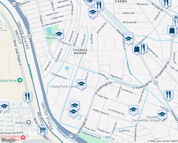 map of restaurants, bars, coffee shops, grocery stores, and more near 389 Mariana Circle in El Paso