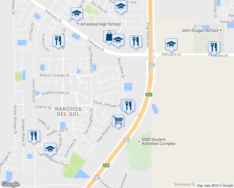 map of restaurants, bars, coffee shops, grocery stores, and more near 12369 Lupe Rivera Drive in El Paso