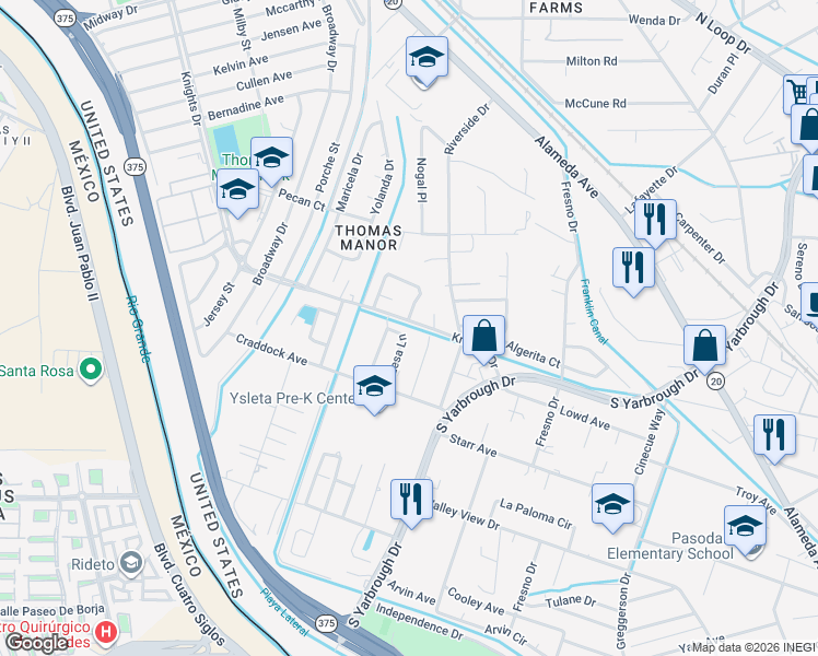map of restaurants, bars, coffee shops, grocery stores, and more near 389 Mariana Circle in El Paso