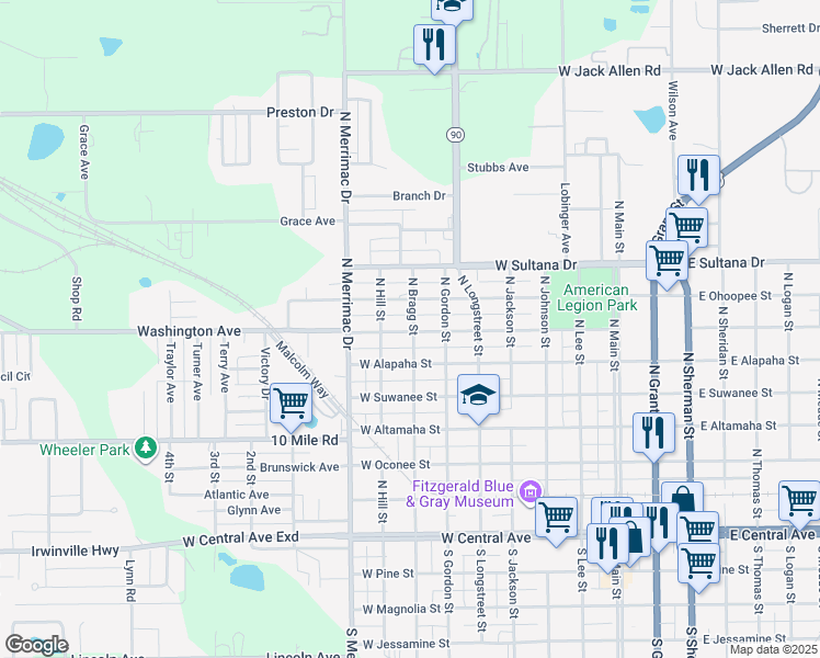 map of restaurants, bars, coffee shops, grocery stores, and more near 615 West Chattahoochee Street in Fitzgerald