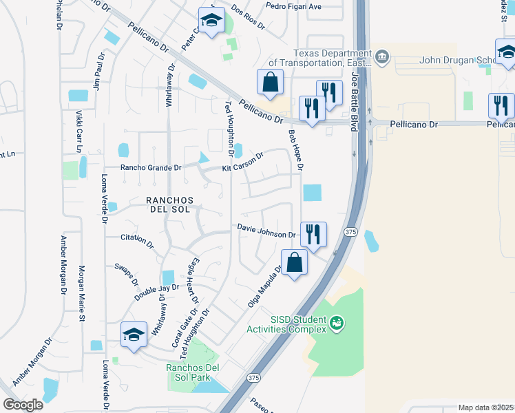 map of restaurants, bars, coffee shops, grocery stores, and more near 12329 Lupe Rivera Drive in El Paso