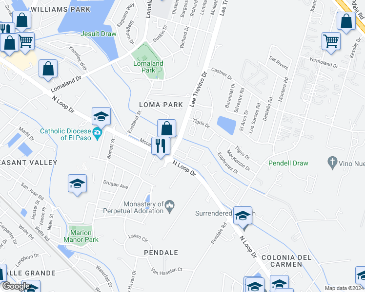 map of restaurants, bars, coffee shops, grocery stores, and more near 610 Lee Trevino Drive in El Paso
