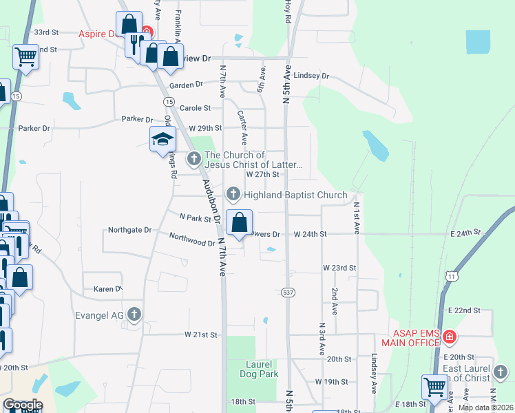 map of restaurants, bars, coffee shops, grocery stores, and more near 600-654 West 26th Street in Laurel