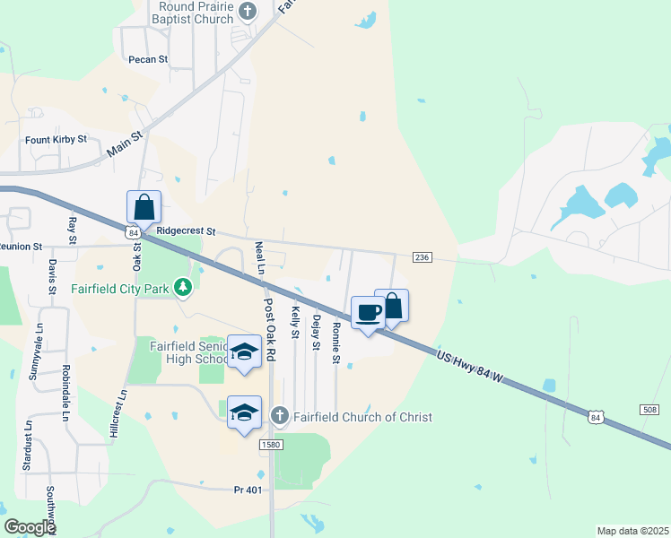 map of restaurants, bars, coffee shops, grocery stores, and more near 175 Fcr 237 in Fairfield