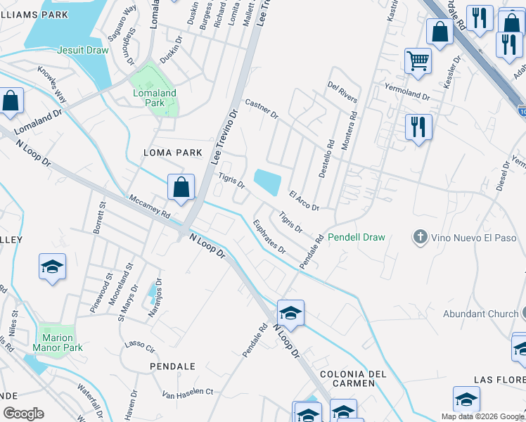 map of restaurants, bars, coffee shops, grocery stores, and more near 8503 Euphrates Drive in El Paso