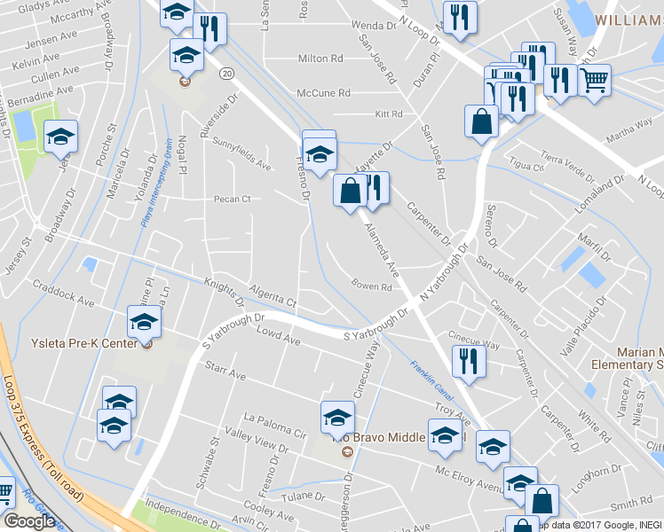 map of restaurants, bars, coffee shops, grocery stores, and more near 8020 Bowen Road in El Paso