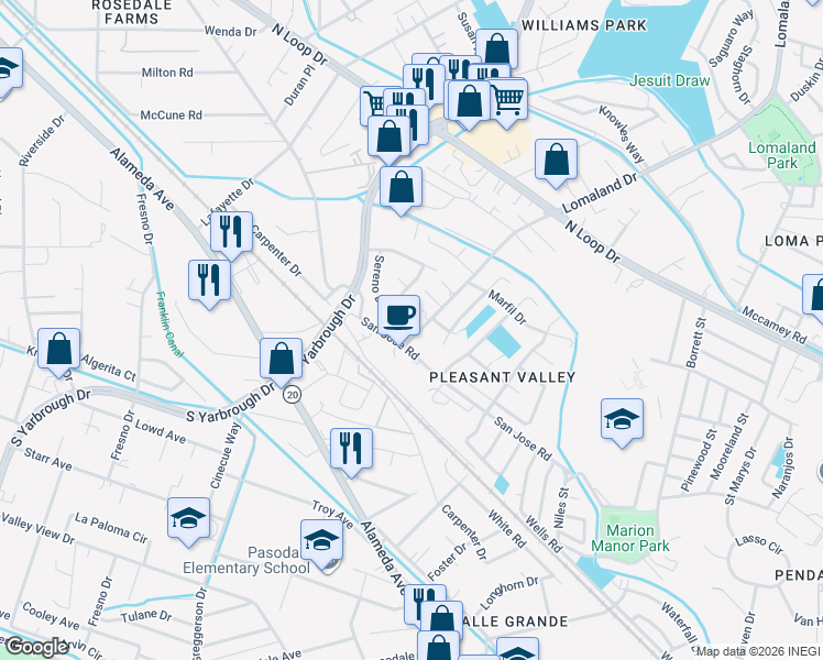 map of restaurants, bars, coffee shops, grocery stores, and more near 301 Sereno Drive in El Paso