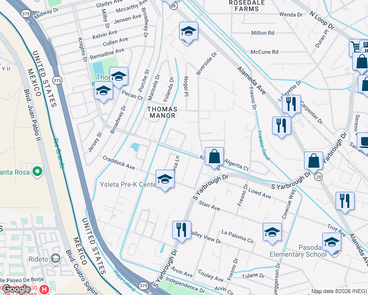 map of restaurants, bars, coffee shops, grocery stores, and more near 389 Mariana Circle in El Paso