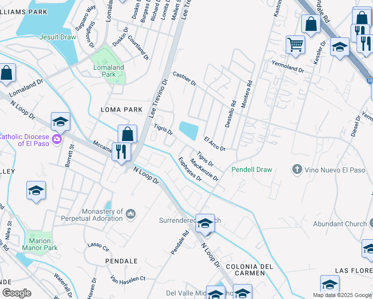 map of restaurants, bars, coffee shops, grocery stores, and more near 8503 Euphrates Drive in El Paso