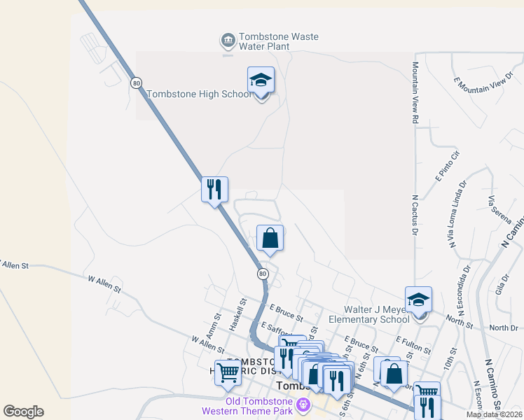 map of restaurants, bars, coffee shops, grocery stores, and more near 140 Ave De La Loma in Tombstone