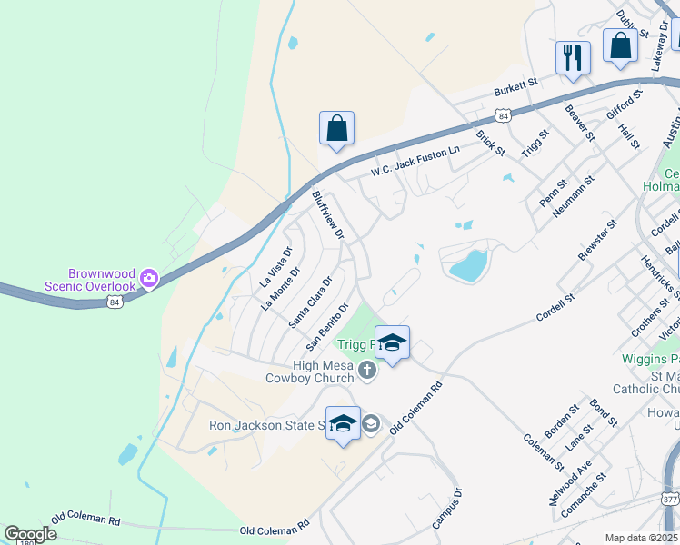 map of restaurants, bars, coffee shops, grocery stores, and more near 1008 Santa Clara Drive in Brownwood