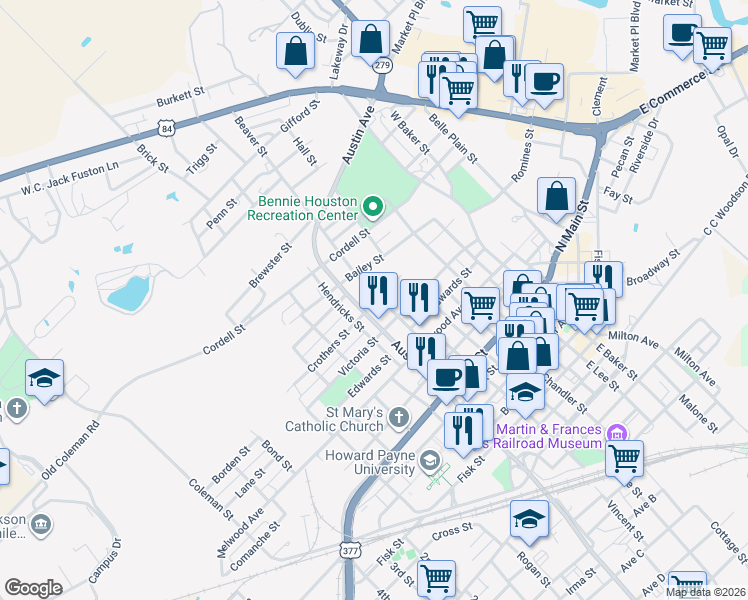 map of restaurants, bars, coffee shops, grocery stores, and more near 801 Beaver Street in Brownwood