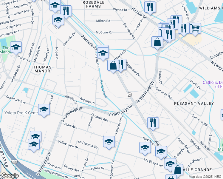 map of restaurants, bars, coffee shops, grocery stores, and more near 8020 Bowen Road in El Paso