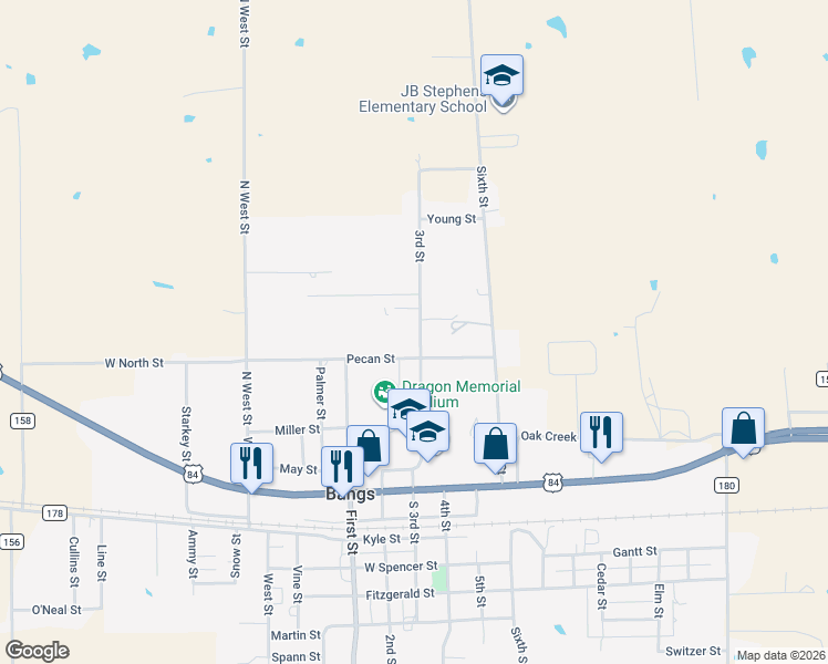 map of restaurants, bars, coffee shops, grocery stores, and more near 904 North 3rd Street in Bangs