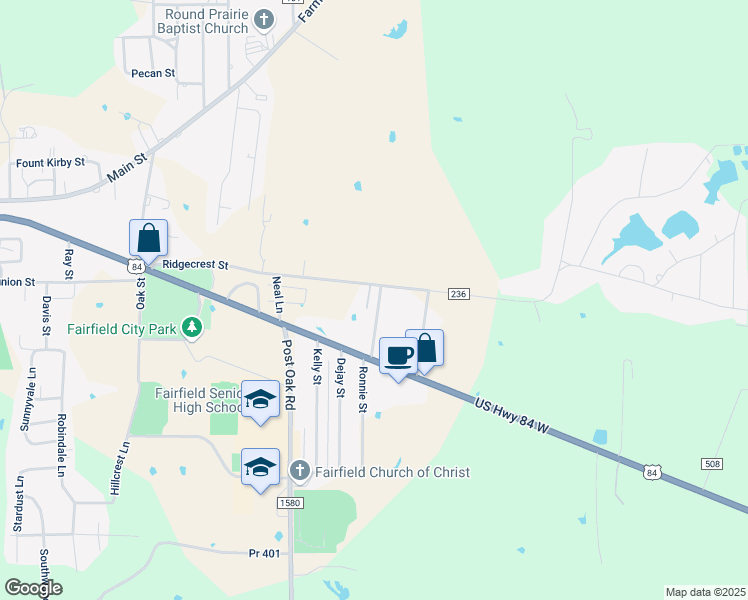 map of restaurants, bars, coffee shops, grocery stores, and more near 175 Fcr 237 in Fairfield