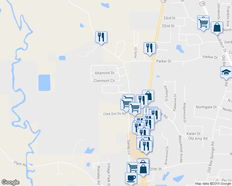 map of restaurants, bars, coffee shops, grocery stores, and more near Shadowood Park in Laurel