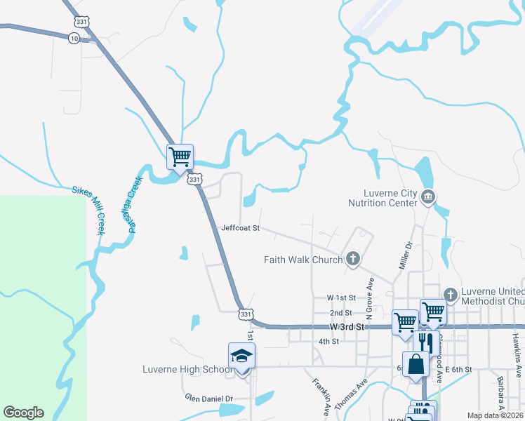 map of restaurants, bars, coffee shops, grocery stores, and more near 514 Jeffcoat Street in Luverne