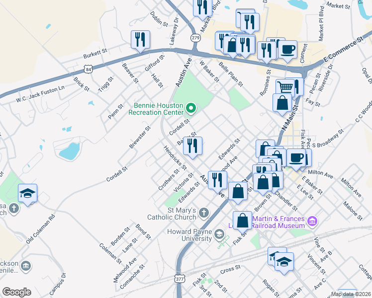 map of restaurants, bars, coffee shops, grocery stores, and more near 801 Beaver Street in Brownwood