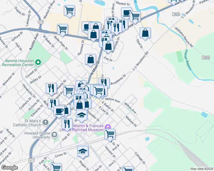 map of restaurants, bars, coffee shops, grocery stores, and more near 401 South Broadway Street in Brownwood