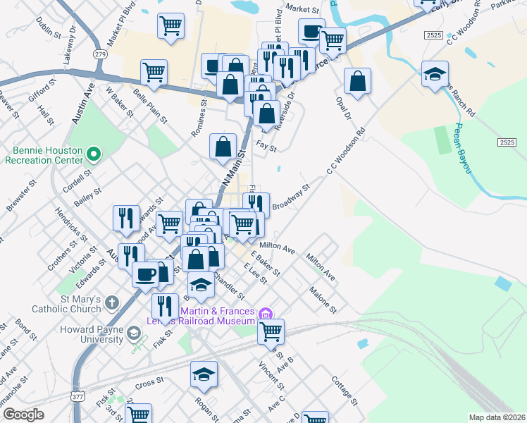map of restaurants, bars, coffee shops, grocery stores, and more near 401 South Broadway Street in Brownwood