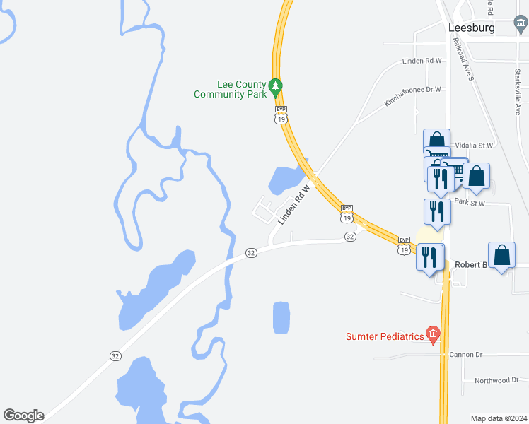 map of restaurants, bars, coffee shops, grocery stores, and more near 365 Georgia 32 in Leesburg