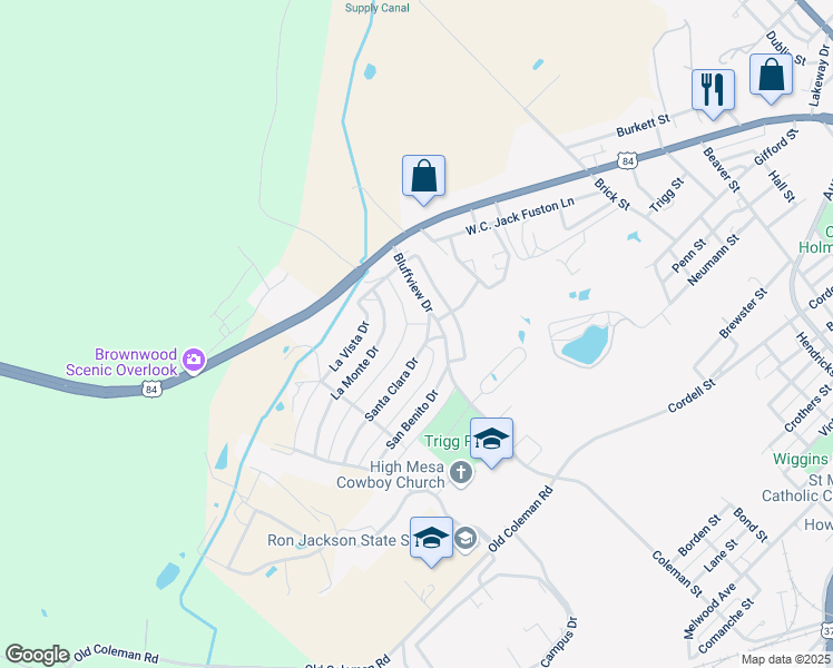 map of restaurants, bars, coffee shops, grocery stores, and more near 1008 Santa Clara Drive in Brownwood